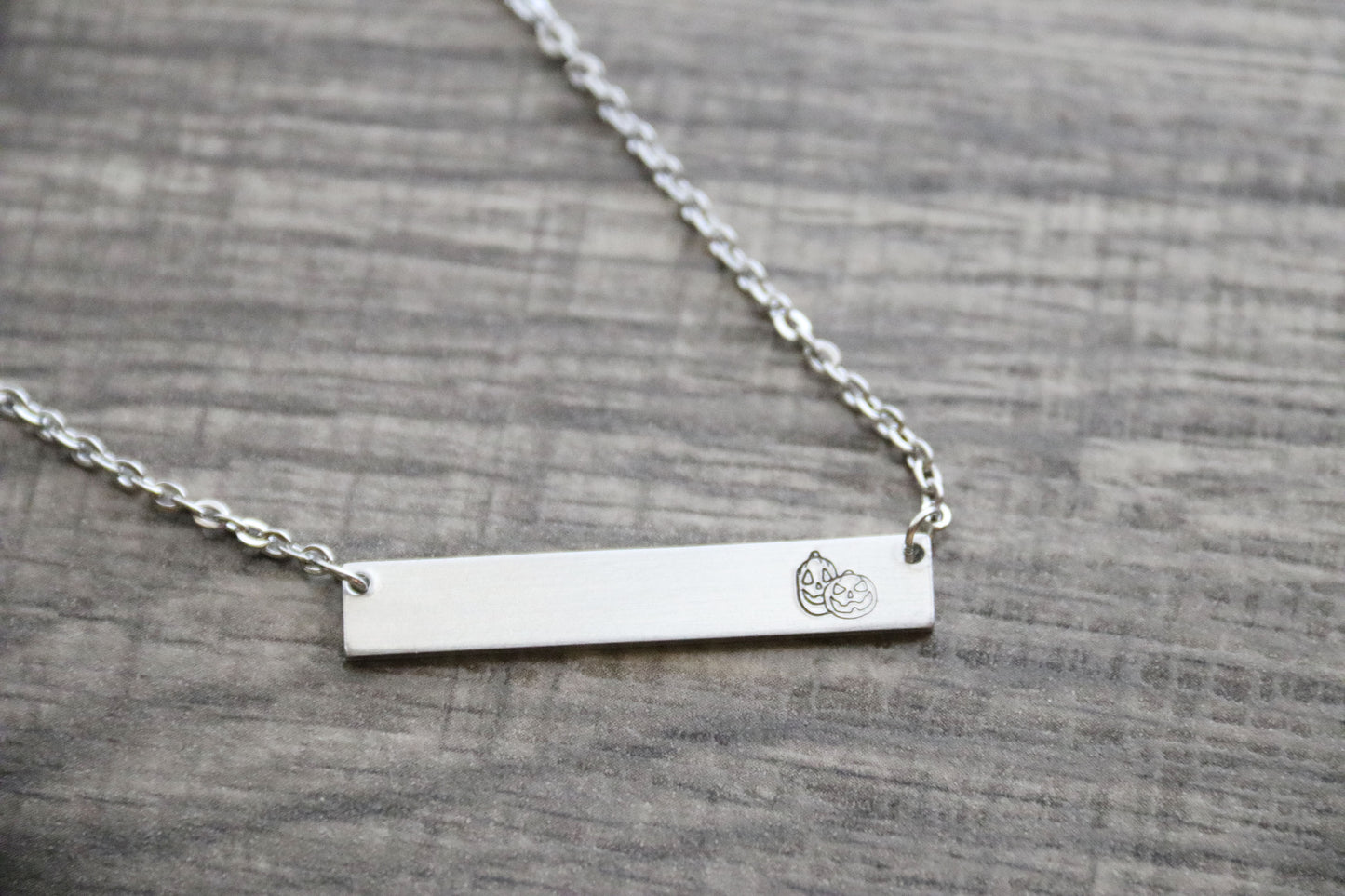 Pumpkin Bar Jack o Lantern Necklace Halloween Costume Jewelry Hand Stamped