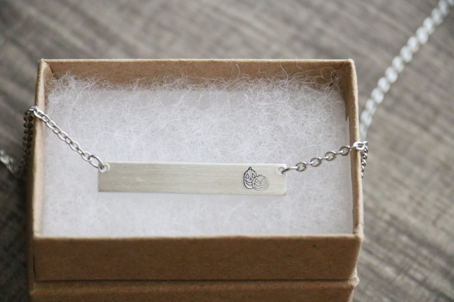 Pumpkin Bar Jack o Lantern Necklace Halloween Costume Jewelry Hand Stamped