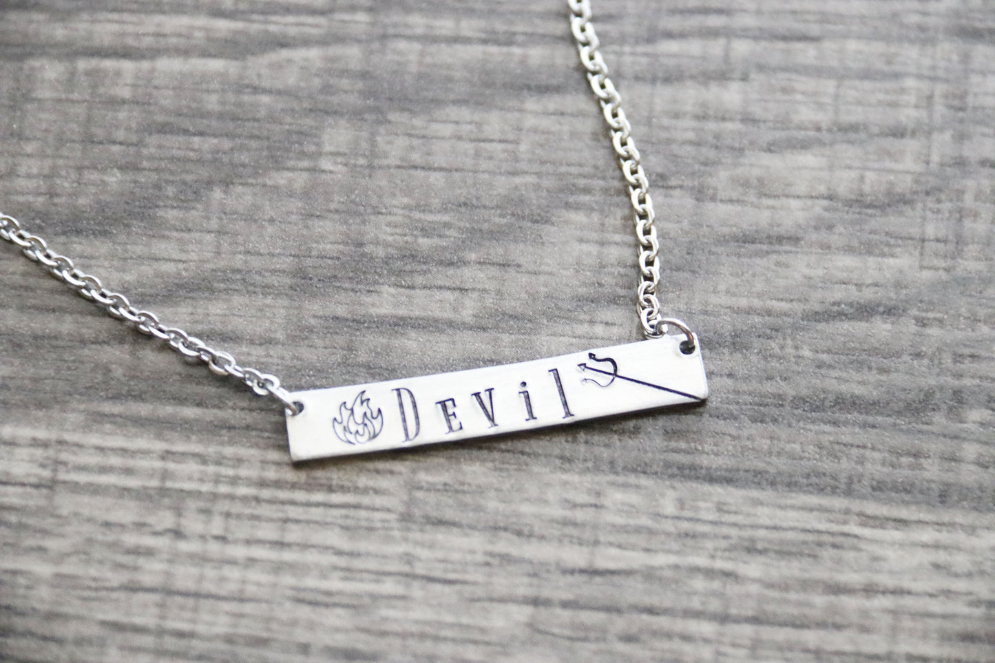 Devil Bar Necklace Halloween Costume Jewelry Hand Stamped