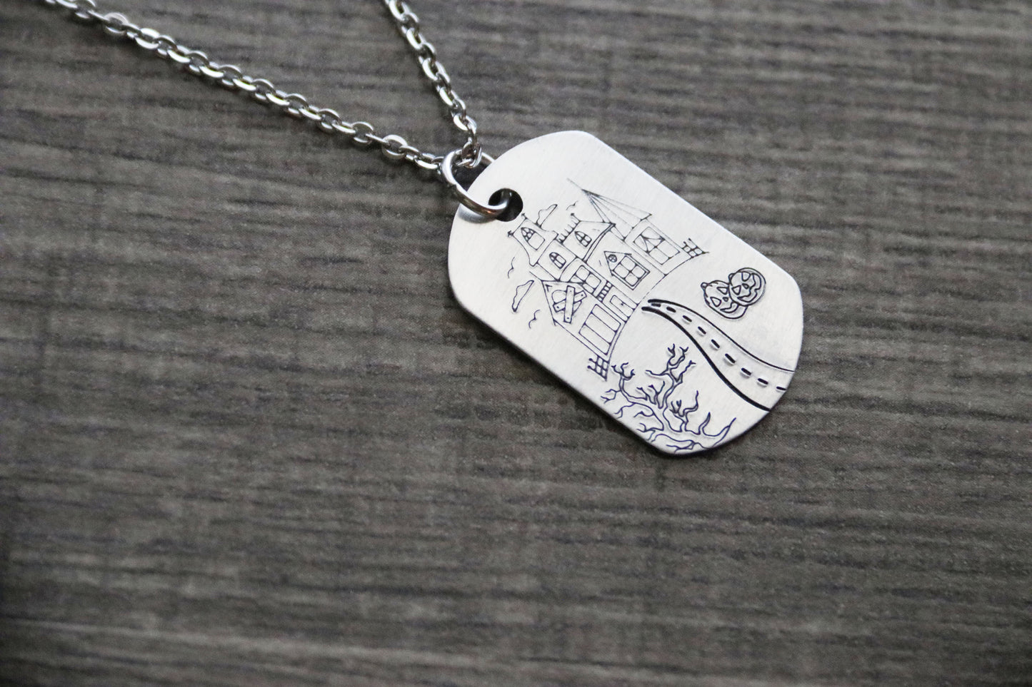 Haunted House Dog Tag Style Necklace Hand Stamped, Personalized Optional