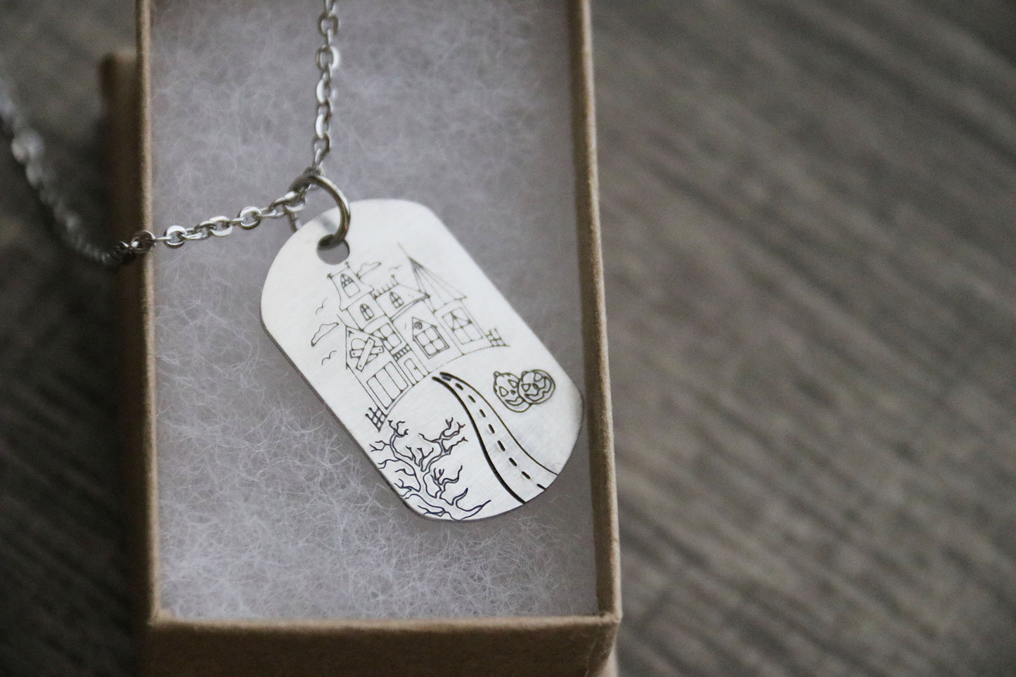 Haunted House Dog Tag Style Necklace Hand Stamped, Personalized Optional
