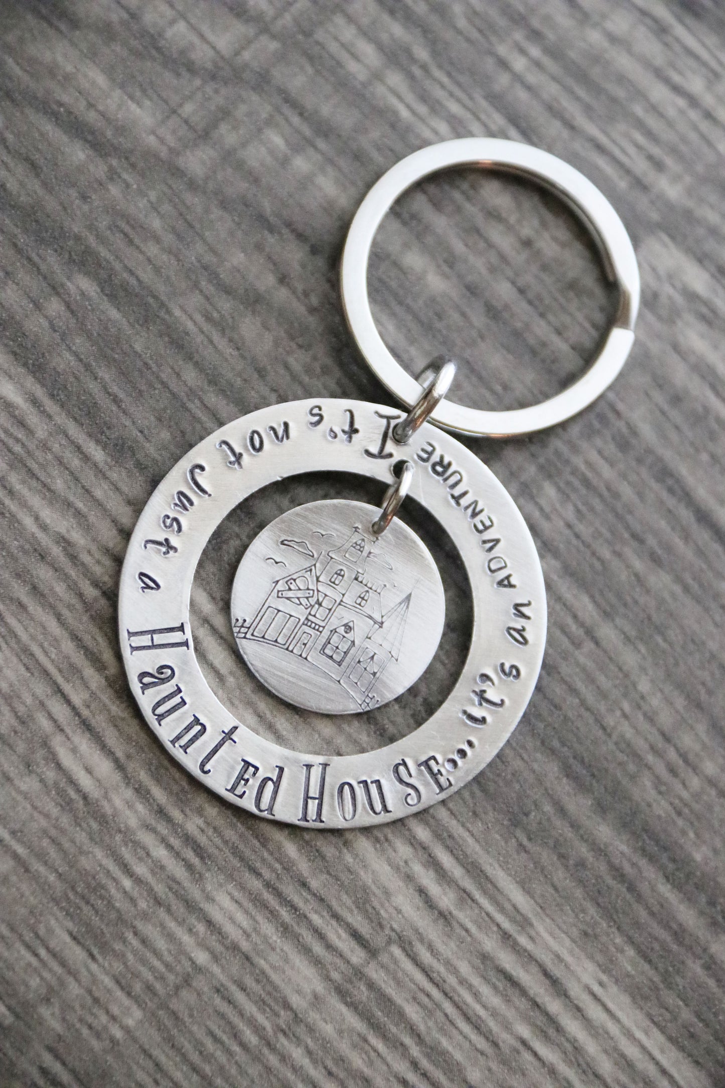 Haunted House Adventure Keychain Hand Stamped