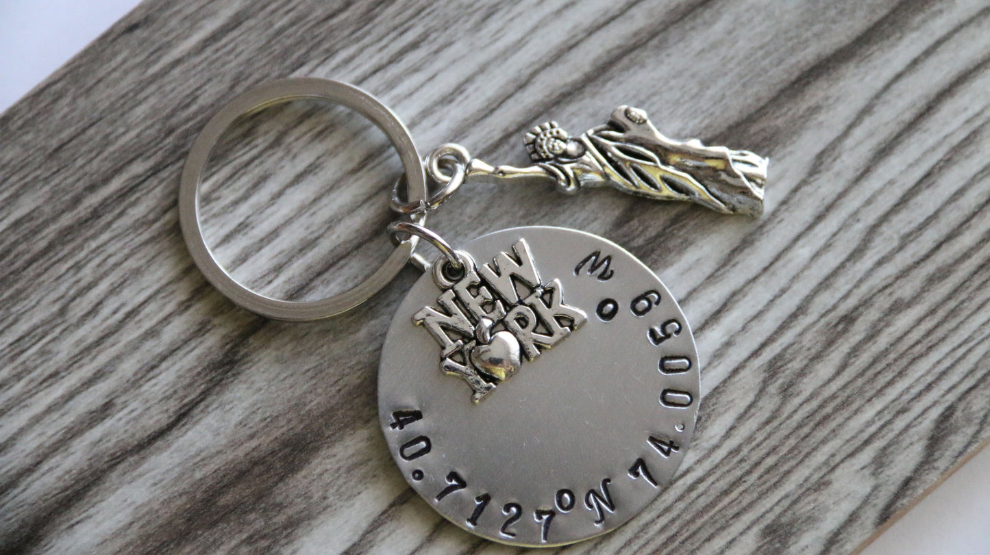 Coordinates Keychain New York City Keychain, Travel Gift, Anniversary Gift, Latitude and Longitude Keychain, New York Keychain, Liberty Gift