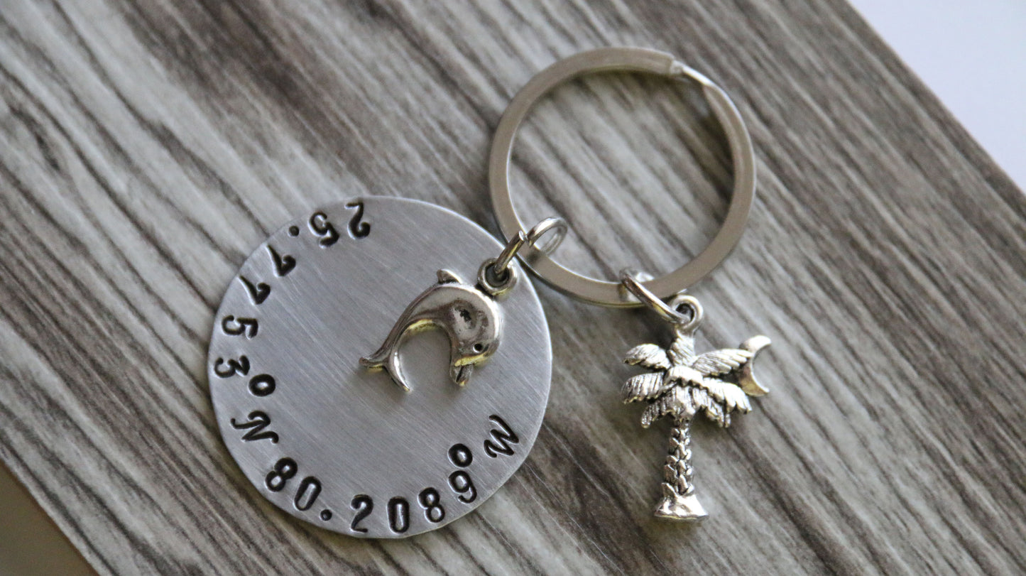 Coordinates Keychain Miami Florida Keychain, Travel Gift, Anniversary Gift, Latitude and Longitude Keychain, Florida Keychain, Dolphin