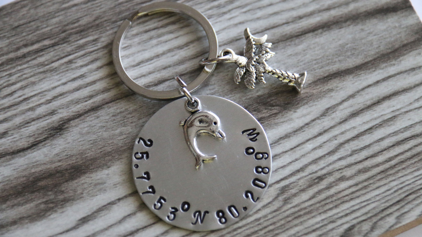 Coordinates Keychain Miami Florida Keychain, Travel Gift, Anniversary Gift, Latitude and Longitude Keychain, Florida Keychain, Dolphin