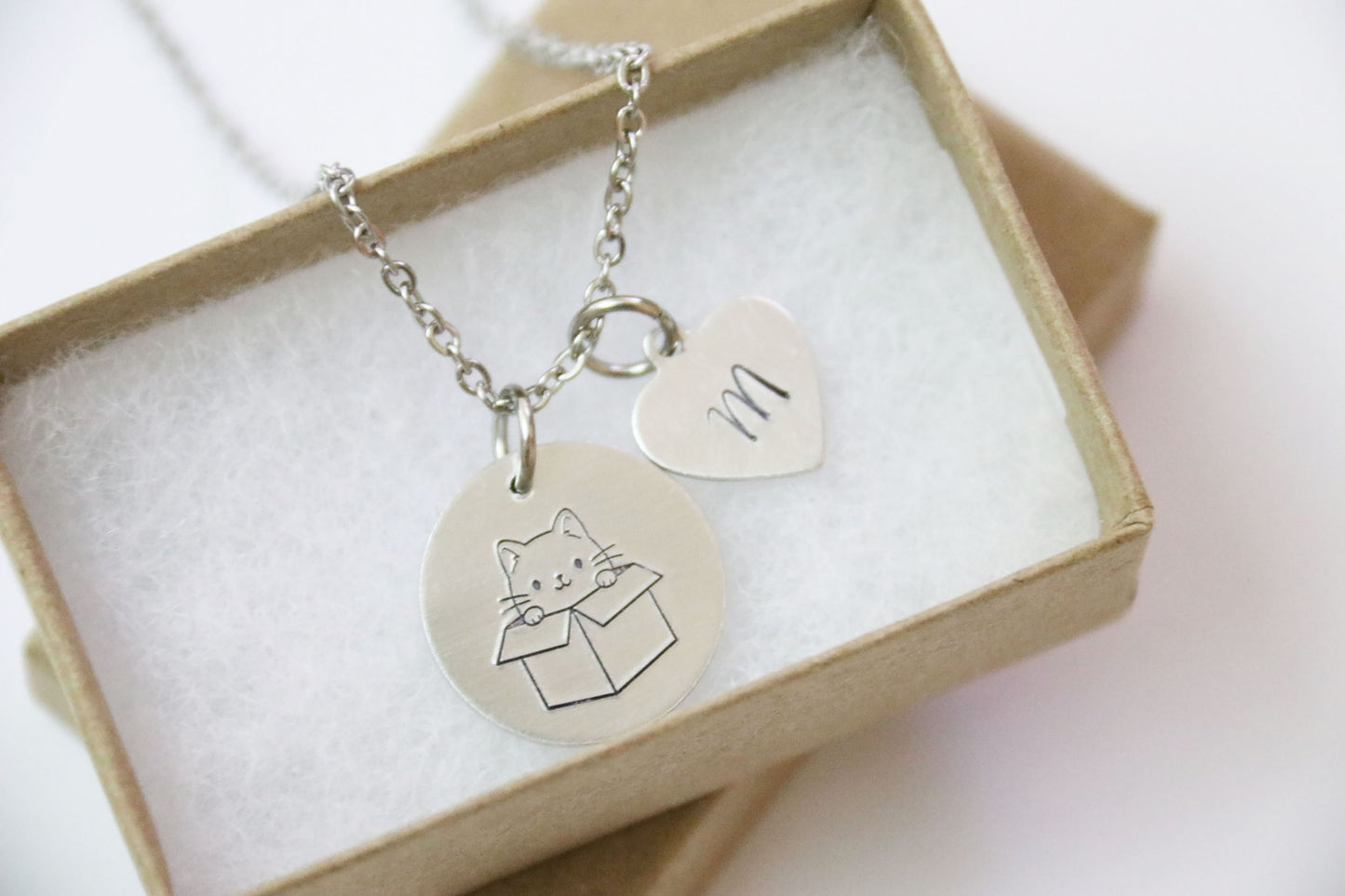 Cat in Box Necklace Hand Stamped, Personalized Optional