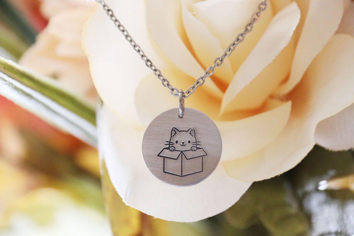Cat in Box Necklace Hand Stamped, Personalized Optional