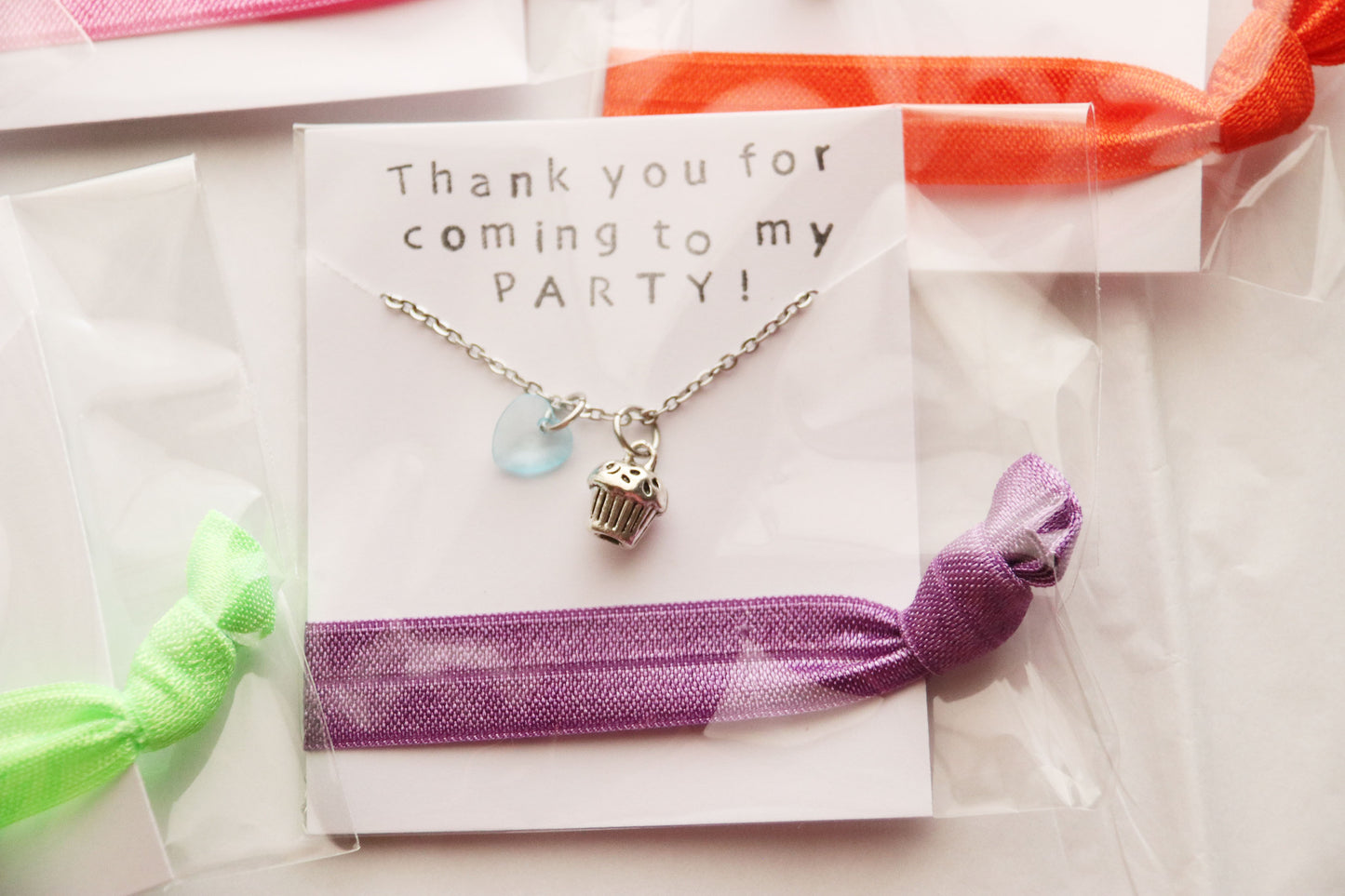 Cupcake Party Favor, Cupcake with Heart, Necklace with Hair Tie, Party Favors
