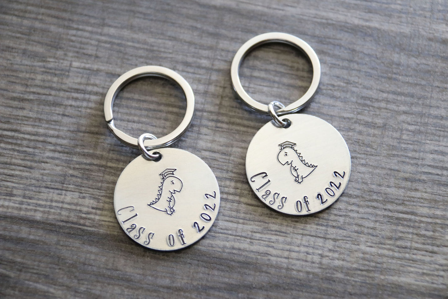 Class of Year Keychain Hand Stamped, Graduation Gift, Long Distance Gift, Best Friends Keychain Set, Dinosaur Gift, Dino