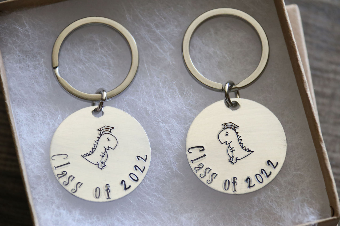 Class of Year Keychain Hand Stamped, Graduation Gift, Long Distance Gift, Best Friends Keychain Set, Dinosaur Gift, Dino