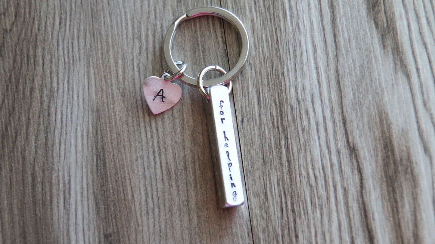 3d Bar Keychain, Thank you for helping me grow, Personalized Initial, Hand Stamped 4 sides, Teacher Gift