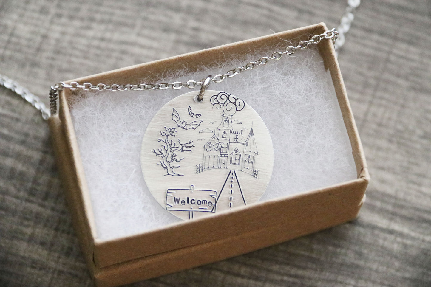 Haunted House Necklace Hand Stamped, Personalized Optional