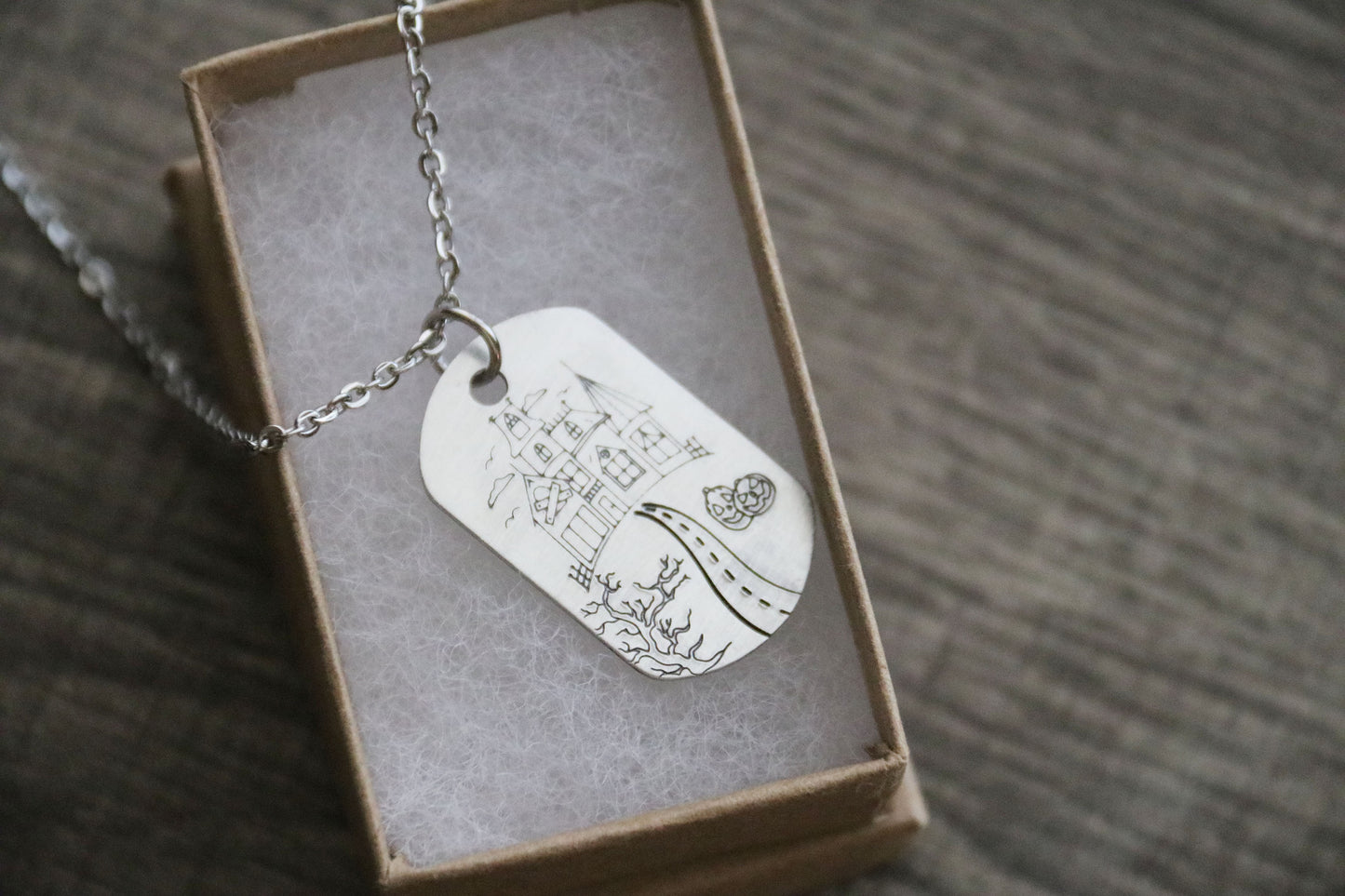Haunted House Dog Tag Style Necklace Hand Stamped, Personalized Optional