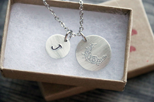Flower Moon Necklace Optional Personalized Initial