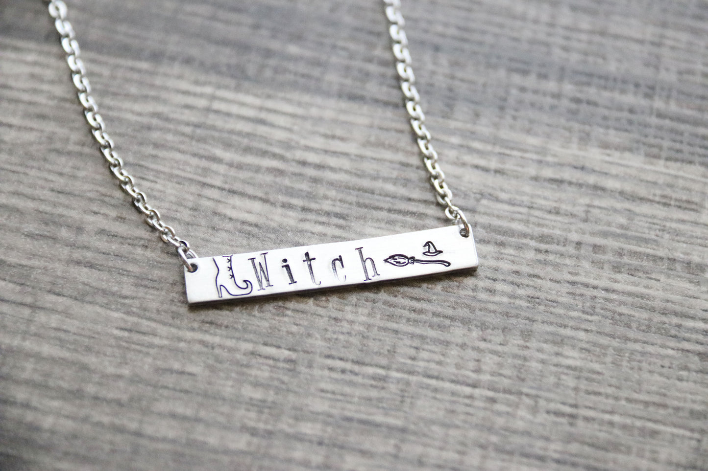 Witch Bar Necklace Halloween Costume Jewelry Hand Stamped