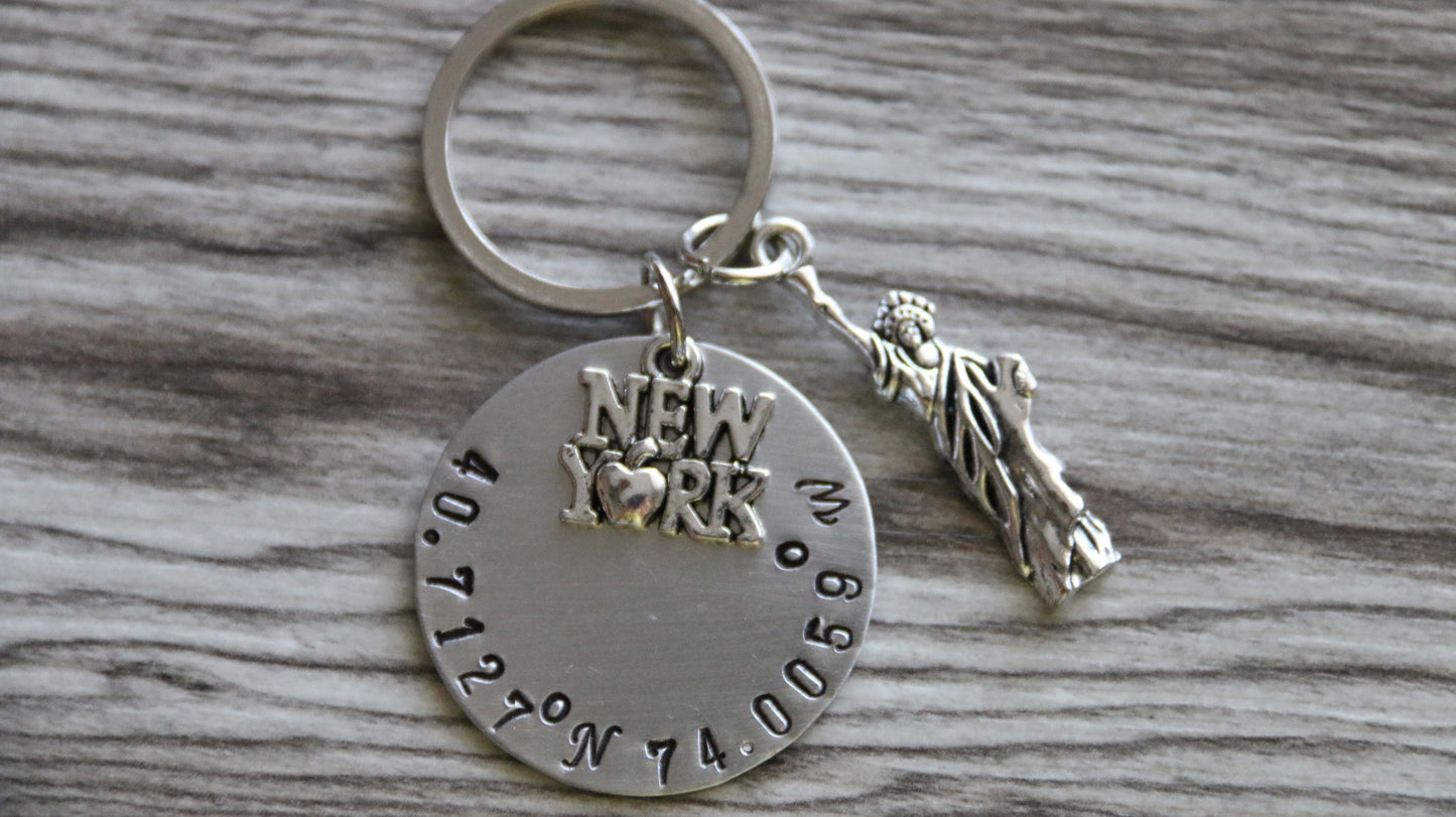 Coordinates Keychain New York City Keychain, Travel Gift, Anniversary Gift, Latitude and Longitude Keychain, New York Keychain, Liberty Gift