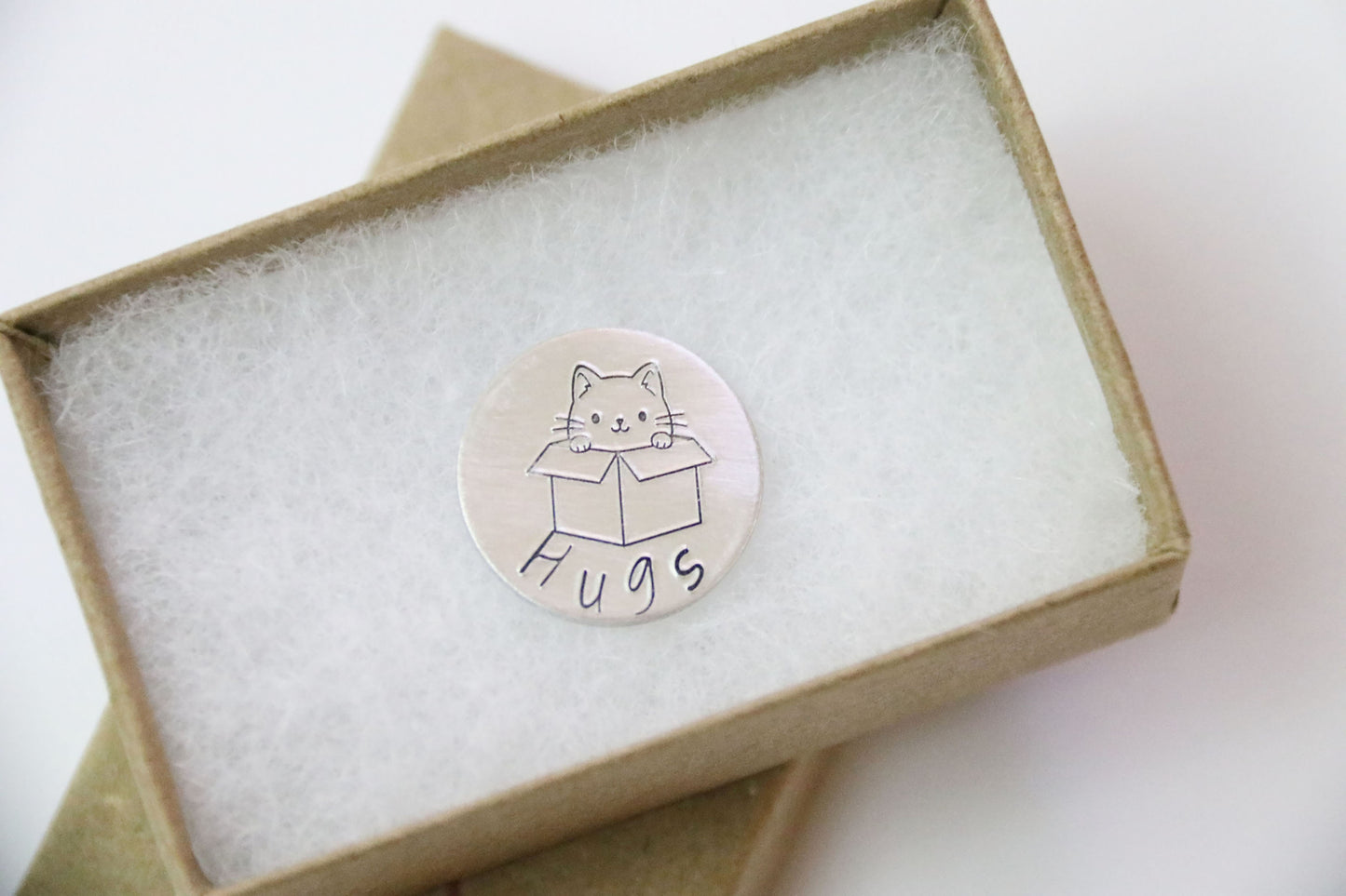 Cat in Box Pocket Hug, Hand Stamped, Lucky Charm