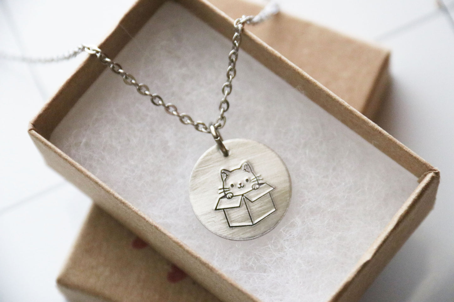 Cat in Box Necklace Hand Stamped, Personalized Optional