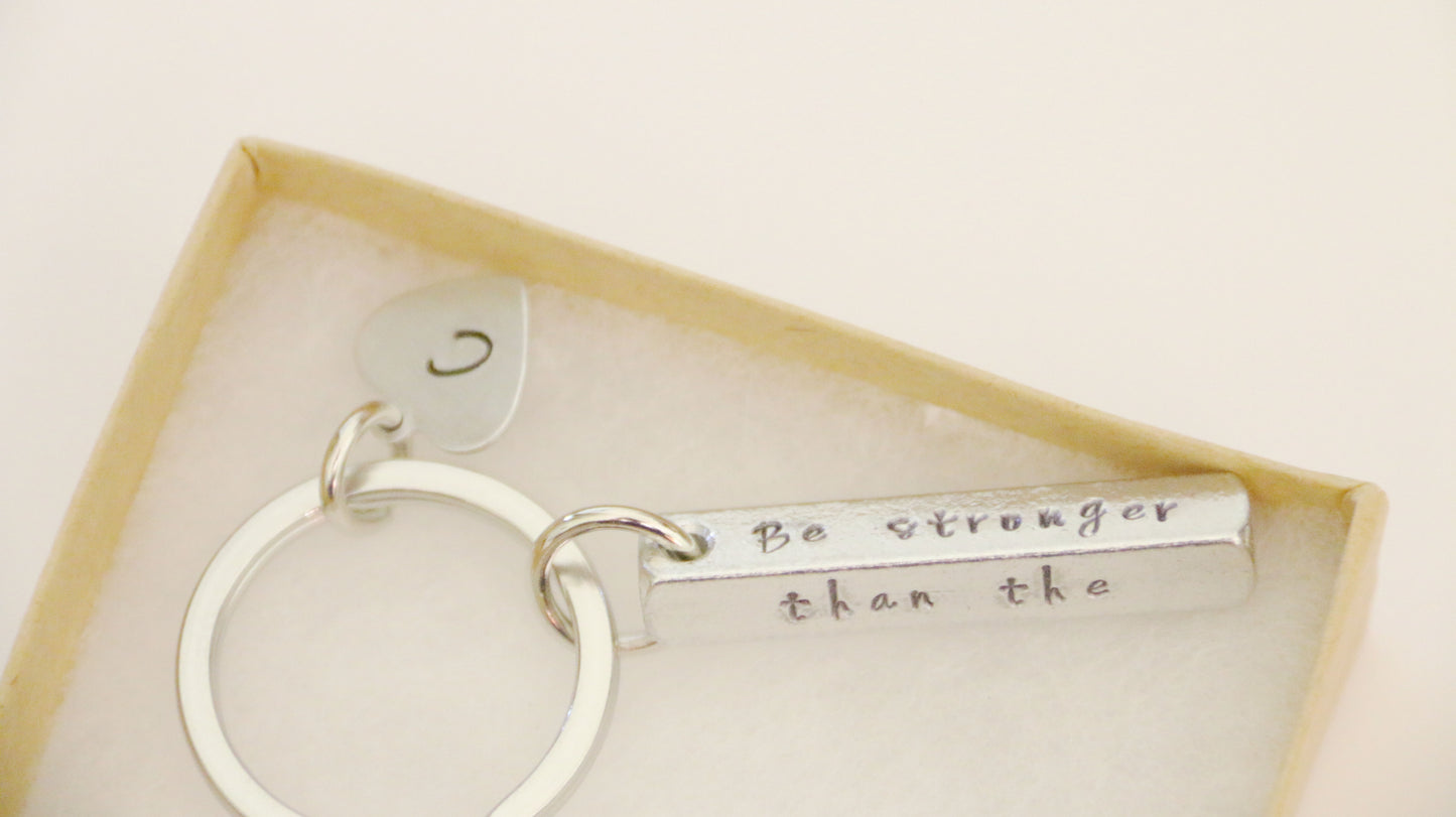 Be Stronger Than The Storm, 3D Bar Keychain, Personalized Initial, Hand Stamped