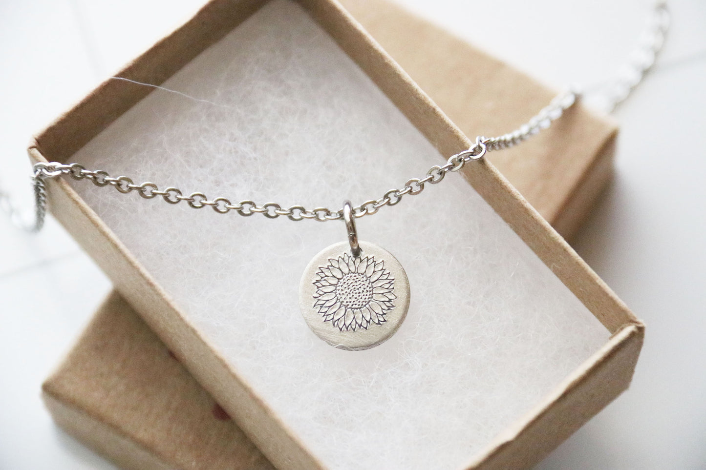 Sunflower Necklace, Birthday Gift, Gift for Her, Flower Jewelry, Hand Stamped