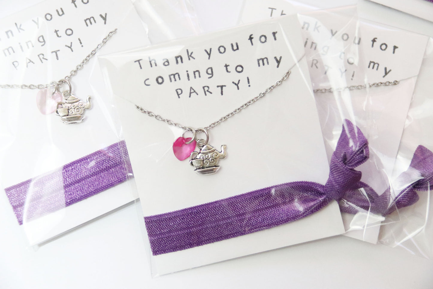 Tea Pot Party Favor Necklace with Hair Tie, Party Favors, Mini Heart and Teapot Charms